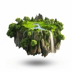 Flying Land With Beautiful Landscape, Green Grass And Waterfalls Mountains, Isolated On White Background. 3d Illustration Of Floating Forest Island.