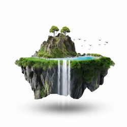 Flying Land With Beautiful Landscape, Green Grass And Waterfalls Mountains, Isolated On White Background. 3d Illustration Of Floating Forest Island.