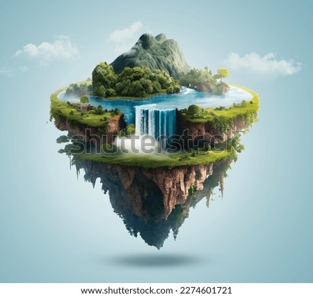 Flying land with beautiful landscape, green grass and waterfalls mountains. 3d illustration of floating forest island isolated with clouds.  Сток-фото © 