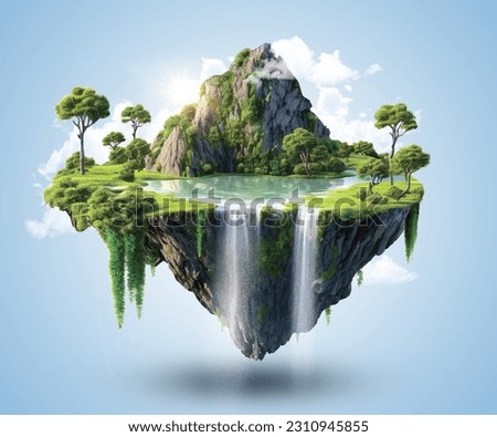 Flying land with beautiful landscape, green grass and waterfalls, mountains, lake. 3d illustration of floating forest island isolated with clouds. Fantasy island with greenery and river with waterfall Stock photo © 