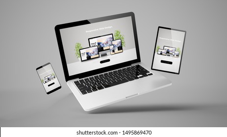 Flying Laptop, Mobile And Tablet 3d Rendering Showing  Responsive Web Design