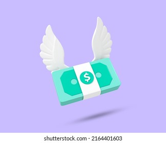 Flying Money 3D Icon. Flying Cash Symbol. Flying Dollar With Wings. Money With Wings. Cash With Wings. Cash Bundle 3D Flying Stack Of Money On Purple Background.
3D Rendered Illustration.