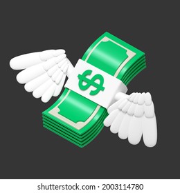 Flying Money Emoji, Dollar With The Wings. Cartoon, 3d Object, Modern Banner. 3d Render Illustration On Black Background