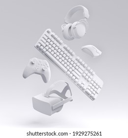 Flying monochrome gamer gears like VR glasses, headphones, keyboard, mouse and joystick on white background. 3d rendering of accessories for live streaming concept top view