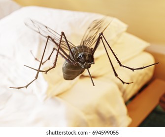 Flying Mosquito In The Bedroom. 3D Rendering Concept