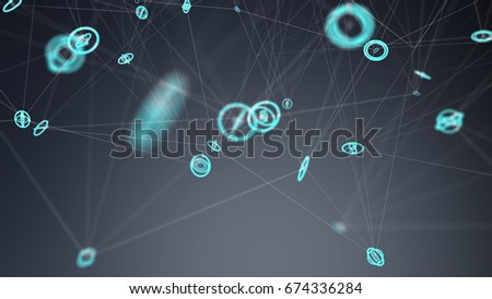 Flying network connection interface 3D rendering on grey background
