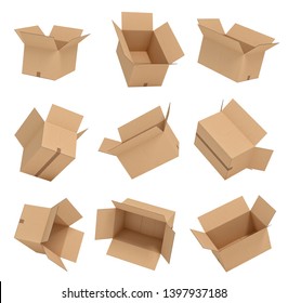 Flying Open Cardboard Box On White Backgroaund 3d Rendering