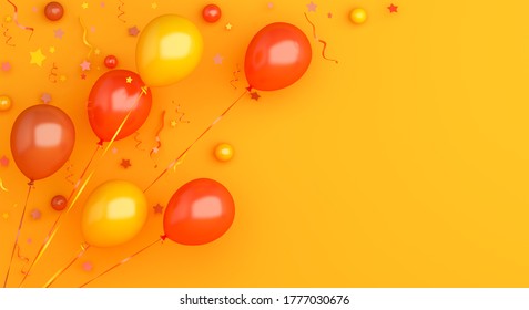 Flying orange balloons and confetti on background, Autumn concept design, halloween, copy space text, 3D illustration.
