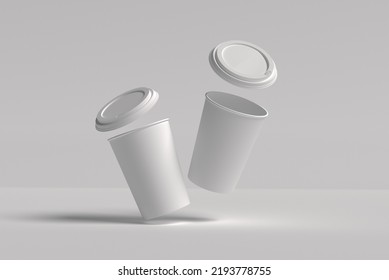 Flying Paper Coffee Cup Mockup With Lid 3D Render With Space For Design