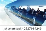 Flying passenger train in clouds. Utopia. concept of the future. Aerial fantastic view. 3d rendering. 3D Illustration