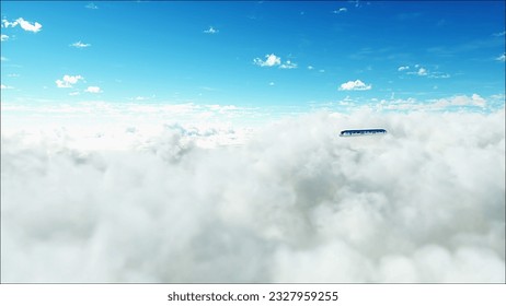 Flying passenger train in clouds. Utopia. concept of the future. Aerial fantastic view. 3d rendering. 3D Illustration