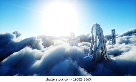 Flying Passenger Train. Futuristic Sci Fi City In Clouds. Utopia. Concept Of The Future. Aerial Fantastic View. 3d Rendering