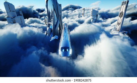 Flying Passenger Train. Futuristic Sci Fi City In Clouds. Utopia. Concept Of The Future. Aerial Fantastic View. 3d Rendering