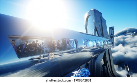 Flying Passenger Train. Futuristic Sci Fi City In Clouds. Utopia. Concept Of The Future. Aerial Fantastic View. 3d Rendering