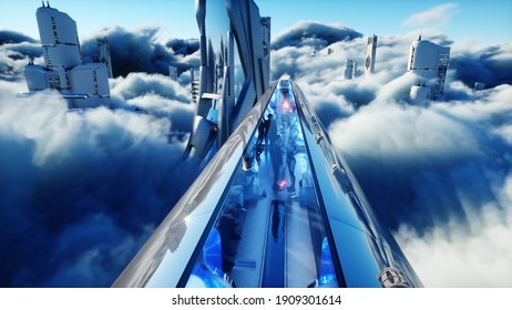 Flying Passenger Train. Futuristic Sci Fi City In Clouds. Utopia. Concept Of The Future. Aerial Fantastic View. 3d Rendering.