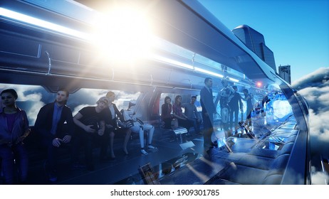 Flying Passenger Train. Futuristic Sci Fi City In Clouds. Utopia. Concept Of The Future. Aerial Fantastic View. 3d Rendering.