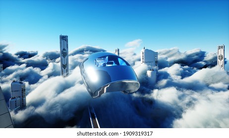 Flying Passenger Train. Futuristic Sci Fi City In Clouds. Utopia. Concept Of The Future. Aerial Fantastic View. 3d Rendering.