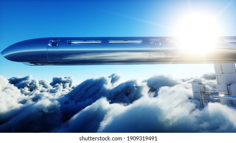 Flying Passenger Train. Futuristic Sci Fi City In Clouds. Utopia. Concept Of The Future. Aerial Fantastic View. 3d Rendering.