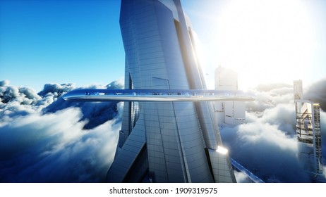 Flying Passenger Train. Futuristic Sci Fi City In Clouds. Utopia. Concept Of The Future. Aerial Fantastic View. 3d Rendering.