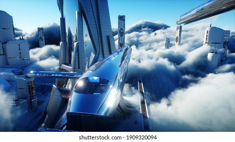 Flying Passenger Train. Futuristic Sci Fi City In Clouds. Utopia. Concept Of The Future. Aerial Fantastic View. 3d Rendering.