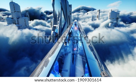 Flying passenger train. Futuristic sci fi city in clouds. Utopia. concept of the future. Aerial fantastic view. 3d rendering.