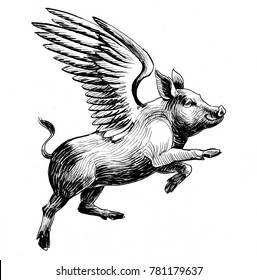 Flying Pig. Black And White Ink Illustration