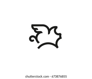 Flying Pig Line Logotype. Creative Pork Grill Steak Wing Logo Design