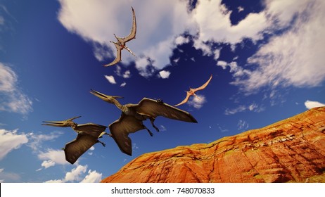Flying pterodactyl against the beautiful cloudscape 3d illustration