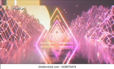 Flying in a retro futuristic space with glowing neon triangle in the style of the 80s. 3d illustration. The effect of the old film cassette with noise, interference and distortion.