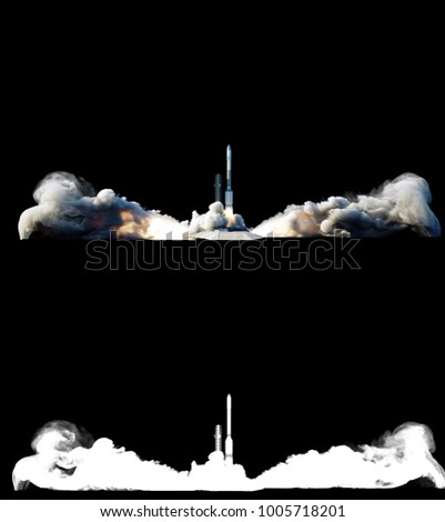 Flying rocket with alpha mask. Fire of rocket. 3d rendering.