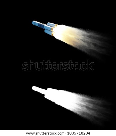 Flying rocket with alpha mask. Fire of rocket. 3d rendering.