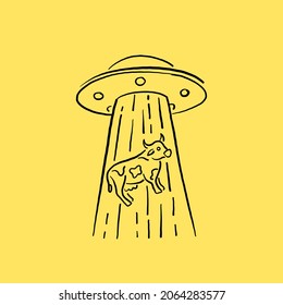 flying saucer of aliens. cartoon drawing. illustration. isolated object. yellow background. abduction of a cow