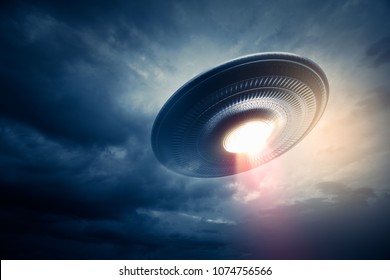 Flying saucer in a cloudy sky with dramatic lighting and light beams /3D illustration / mixed media