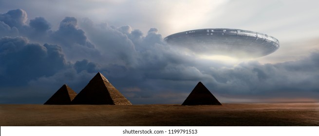 Flying  saucer coming out from clouds on pyramids - 3D rendering 