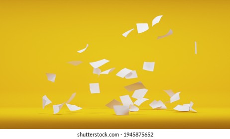 Flying Sheets Of White Paper Swirling In The Air In A Whirlwind. Scatter Documents Or Empty Blanks. Mess In The Office. Throughing Paperwork In The Air. 3D Rendering