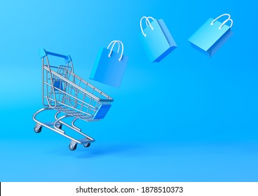Flying shopping cart with shopping bags on a blue background. Shopping Trolley. Grocery push cart. Minimalist concept, isolated cart. 3d render illustration