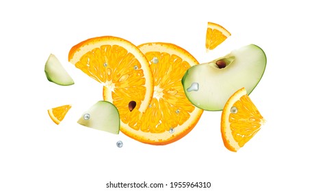 Flying Slices Of Green Apple And Orange.