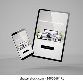 Flying Smartphone And Tablet Mockup 3d Rendering Showing Responsive Website