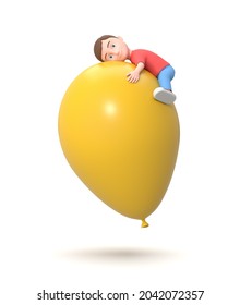 Flying Smiling Little Young Kid Hugging a Giant Yellow Balloon. 3D Cartoon Character Isolated on White Background 3D Illustration