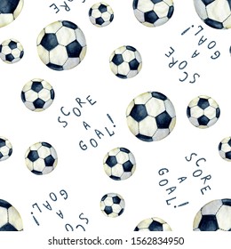 Flying soccer ball on the background of watercolor stains, splash with the inscription score a goal. Seamless pattern. Hand drawn watercolor illustration for the design of a sports banner, background.