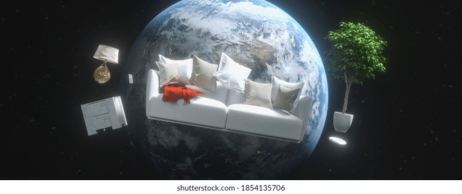 Flying Sofa And Furniture In Weightlessness In Space With View Of The Planet Earth 3D Rendering Elements Of This Image Furnished By NASA.