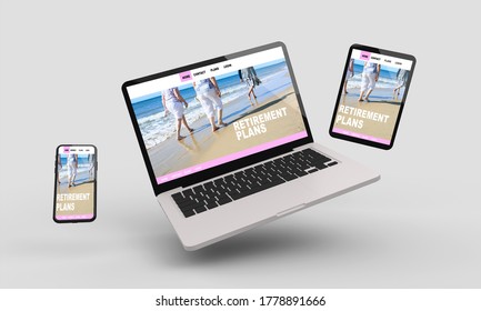 Flying tablet,phone and desktop computer 3d rendering mockup.3d illustration. Retirement concept