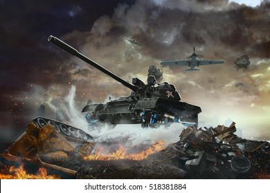 Flying Tank Future. The Flying Combat Vehicle On A Combat Mission. 3d Illustration Of A Military