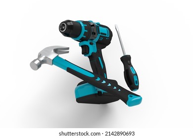 Flying view of green construction tools for repair and installation on white background. 3d rendering and illustration of service banner for house plumber or repairman