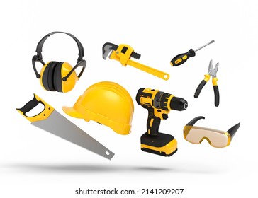 Flying view of yellow construction tools for repair and installation on white background. 3d rendering and illustration of service banner for house plumber or repairman