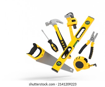 Flying View Of Yellow Construction Tools For Repair And Installation On White Background. 3d Rendering And Illustration Of Service Banner For House Plumber Or Repairman