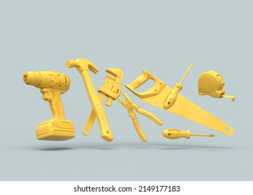 Flying view of yellow construction tools for repair and installation on grey background. 3d rendering and illustration of service banner for house plumber or repairman