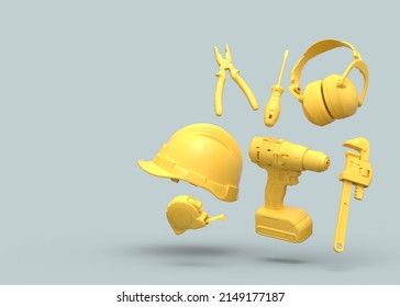 Flying view of yellow construction tools for repair and installation on grey background. 3d rendering and illustration of service banner for house plumber or repairman