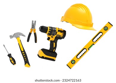 Flying view of yellow construction tools for repair and installation on white background. 3d render and illustration of service banner for house plumber or repairman - Powered by Shutterstock