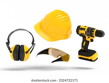 Flying view of yellow construction tools for repair and installation on white background. 3d render and illustration of service banner for house plumber or repairman - Powered by Shutterstock